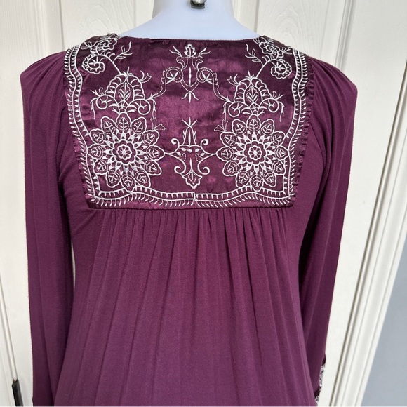 FOR JOSEPH Purple Embroidered Floral SATIN YOKE Boho Flowy Shift L/S Dress Sz M - Picture 6 of 10